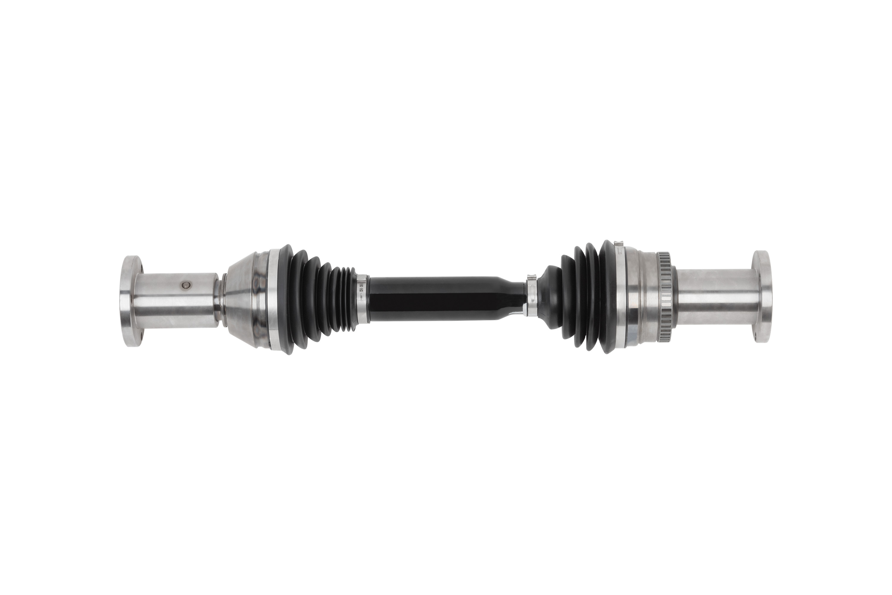 Drive shaft with black bellows for protection against dirt, moisture and lubricant loss.